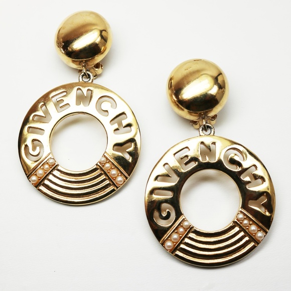 Givenchy Jewelry - VINTAGE 1980s GIVENCHY PEARL & GOLD HOOP EARRINGS